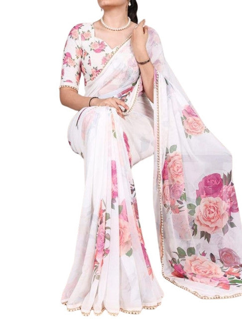 Generic Women's Georgette Floral Printed Saree With Unstitched Blouse - 5.5 Mtr (White)