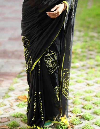 Generic Women's Linen Floral Printed Saree With Unstitched Blouse - 5.5 Mtr (Black)