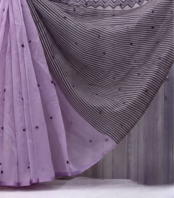 Generic Women's Linen Striped Saree With Unstitched Blouse - 5.5 Mtr (Purple)
