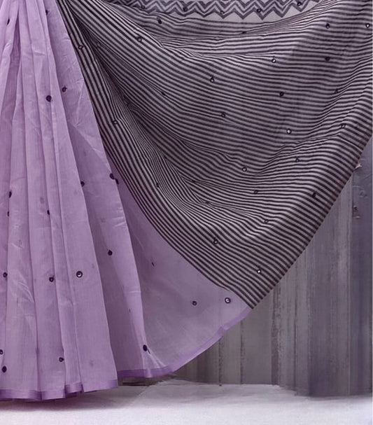 Generic Women's Linen Striped Saree With Unstitched Blouse - 5.5 Mtr (Purple)