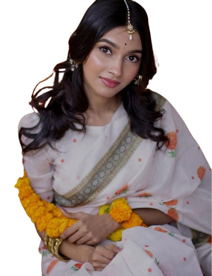 Generic Women's Linen Floral Printed Saree With Unstitched Blouse - 5.5 Mtr (White-Orange)