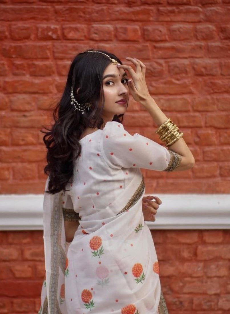 Generic Women's Linen Floral Printed Saree With Unstitched Blouse - 5.5 Mtr (White-Orange)
