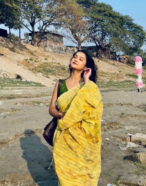 Generic Women's Linen Floral Printed Saree With Unstitched Blouse - 5.5 Mtr (Yellow)