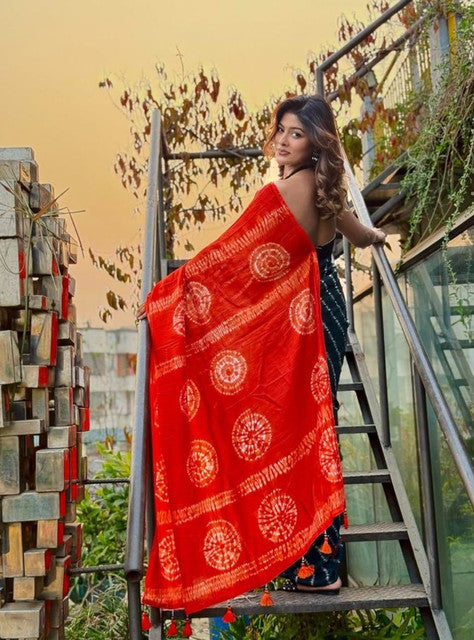 Generic Women's Linen Printed Saree With Unstitched Blouse - 5.5 Mtr (Teal-Orange)