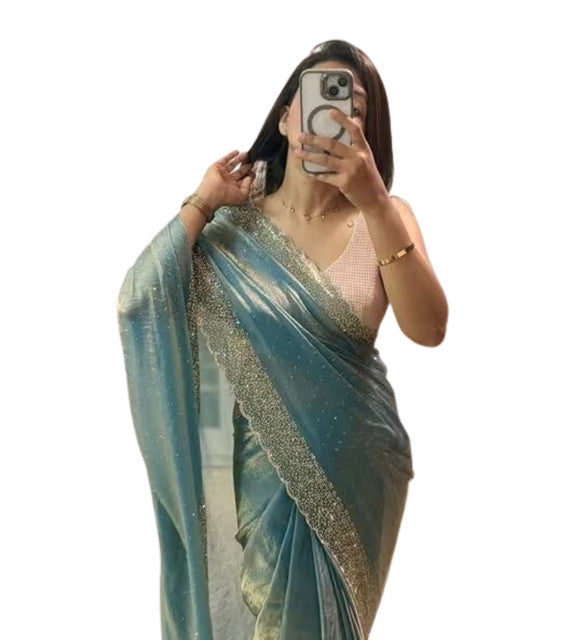 Generic Women's Fendy Chiffon Embellished Saree With Unstitched Blouse - 5.5 Mtr (Sea Green)