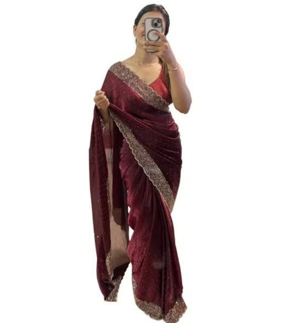 Generic Women's Fendy Chiffon Embellished Saree With Unstitched Blouse - 5.5 Mtr (Wine)