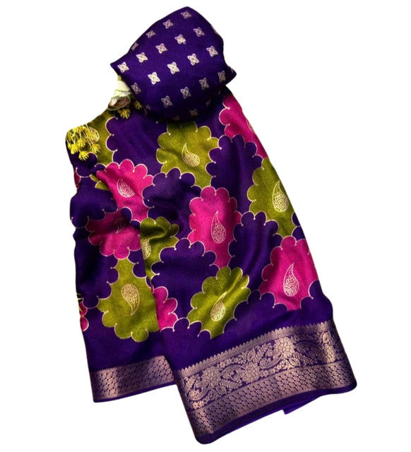 Generic Women's Dola Silk Kalamkari Floral Printed Saree With Unstitched Blouse - 5.5 Mtr (Multicolor)